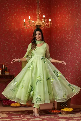 Parrot green  organza brush print anarkali suit set of  3