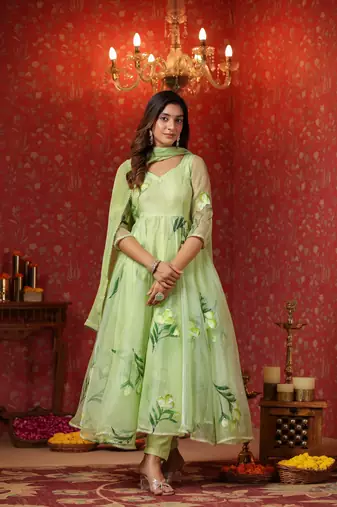 Parrot green  organza brush print anarkali suit set of  3