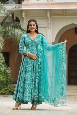 Pelorous blue cotton anarkali suit set of 3 1