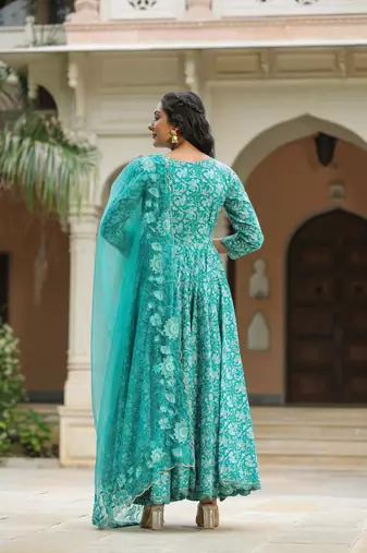Pelorous blue cotton anarkali suit set of 3