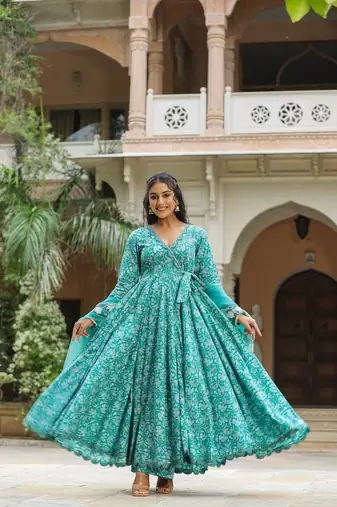 Pelorous blue cotton anarkali suit set of 3