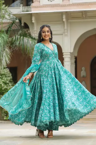 Pelorous blue cotton anarkali suit set of 3