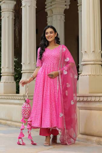 Persian pink cotton anarkali suit set of 3