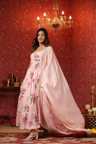 Pink  chinon printed  tired anarkali suit set of 3