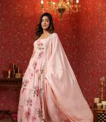 Pink  chinon printed  tired anarkali suit set of 3
