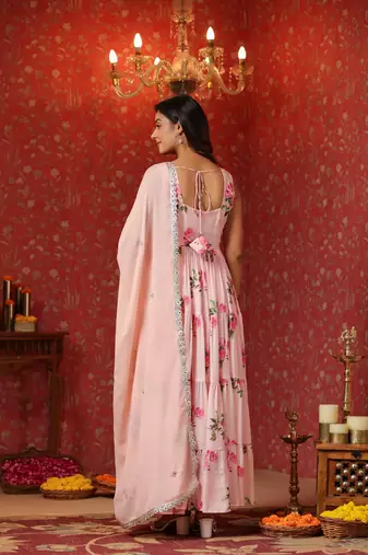 Pink  chinon printed  tired anarkali suit set of 3