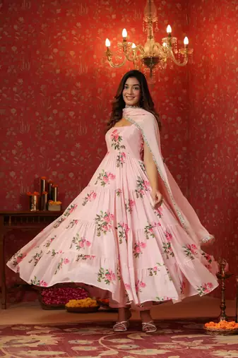 Pink  chinon printed  tired anarkali suit set of 3