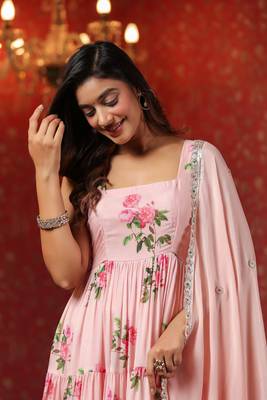 Pink  chinon printed  tired anarkali suit set of 3 4