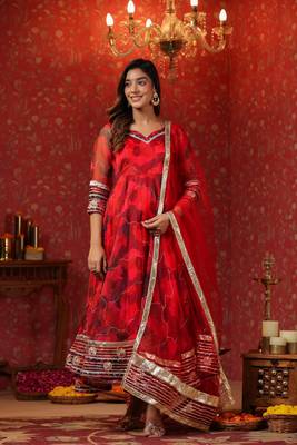 Radical red organza anarkali suit set of 3 1