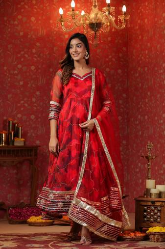 Radical red organza anarkali suit set of 3
