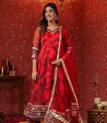 Radical red organza anarkali suit set of 3