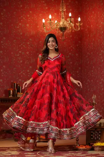 Radical red organza anarkali suit set of 3