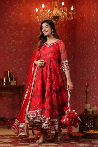 Radical red organza anarkali suit set of 3