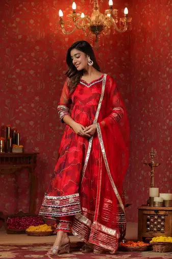 Radical red organza anarkali suit set of 3