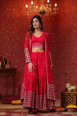 Red georgette embroidery sequnce work anarkali suit set of 3 1