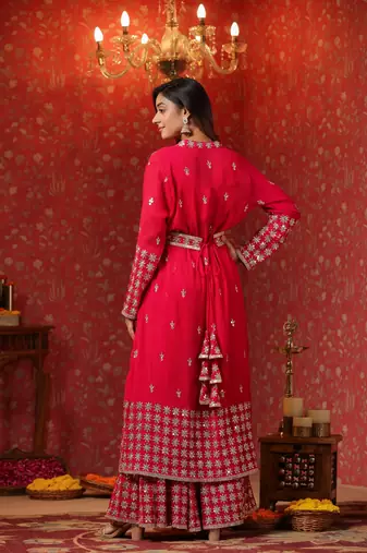 Red georgette embroidery sequnce work anarkali suit set of 3