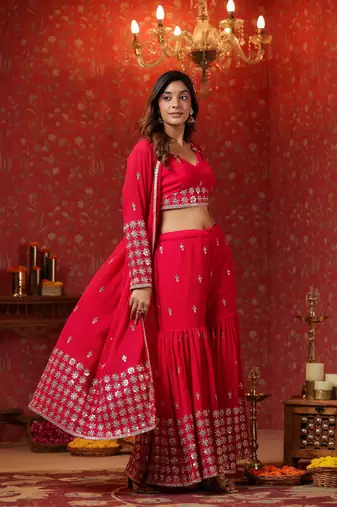 Red georgette embroidery sequnce work anarkali suit set of 3