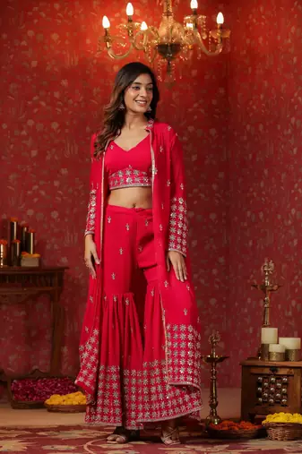 Red georgette embroidery sequnce work anarkali suit set of 3