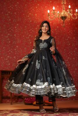 Rich black organza anarkali suit set of 3 1