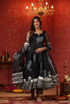 Rich black organza anarkali suit set of 3 2