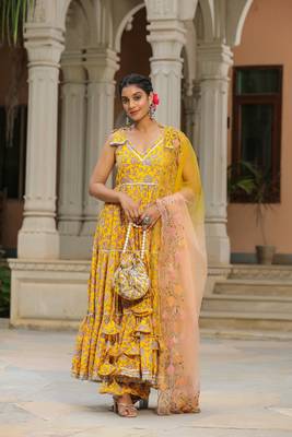 Saffron yellow cotton sleeveless  anarkali suit set of 3 1