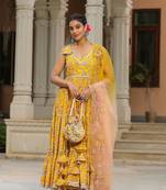 Saffron yellow cotton sleeveless  anarkali suit set of 3