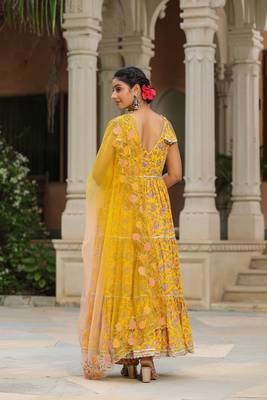 Saffron yellow cotton sleeveless  anarkali suit set of 3 2