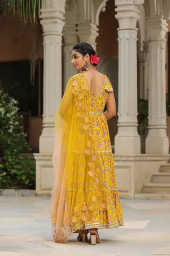 Saffron yellow cotton sleeveless  anarkali suit set of 3