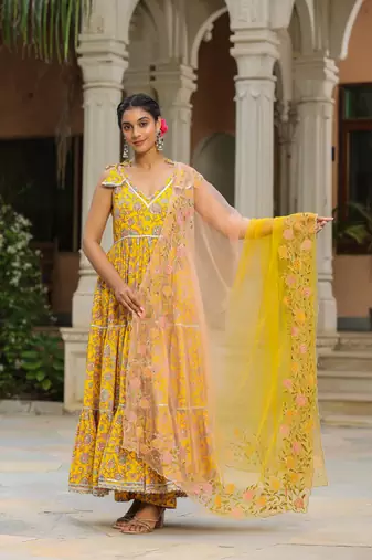 Saffron yellow cotton sleeveless  anarkali suit set of 3