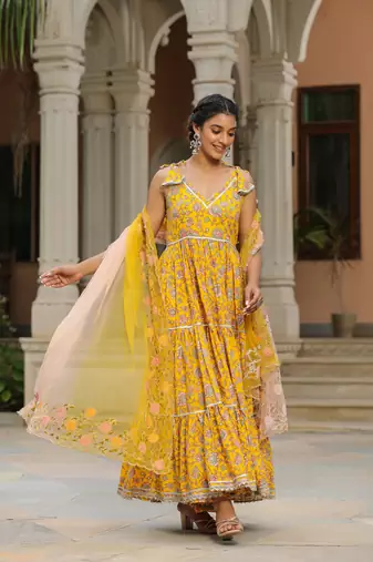 Saffron yellow cotton sleeveless  anarkali suit set of 3