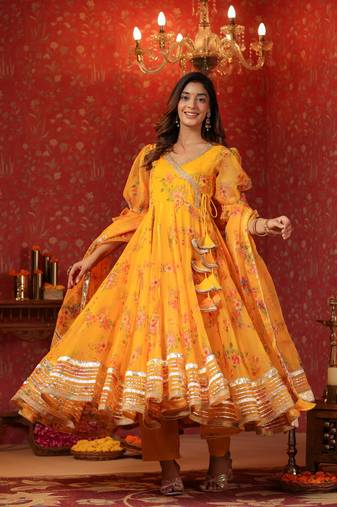 Saffron yellow organza anarkali suit set of 3