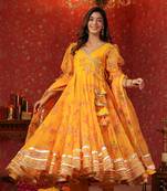 Saffron yellow organza anarkali suit set of 3