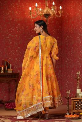 Saffron yellow organza anarkali suit set of 3 2