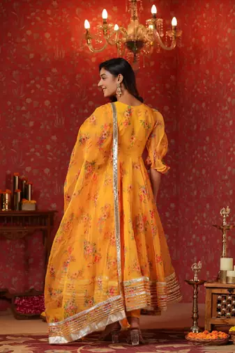 Saffron yellow organza anarkali suit set of 3