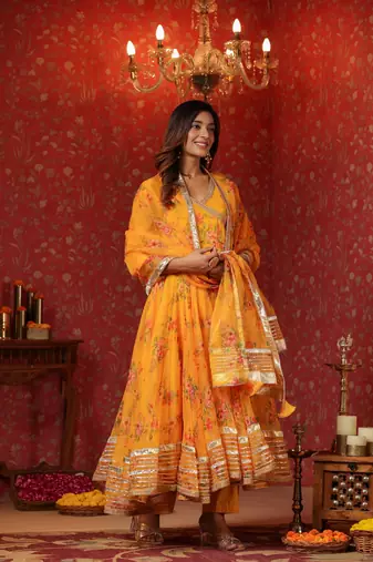 Saffron yellow organza anarkali suit set of 3
