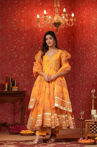 Saffron yellow organza anarkali suit set of 3