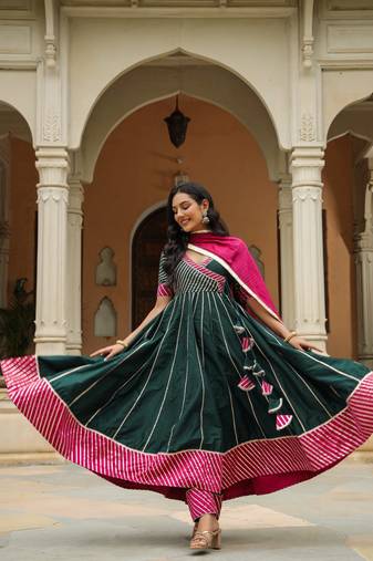 Stromboli dark green cotton silk anarkali suit set of 3