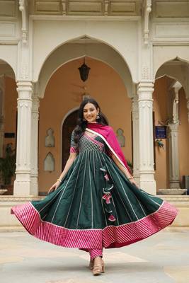 Stromboli dark green cotton silk anarkali suit set of 3 2