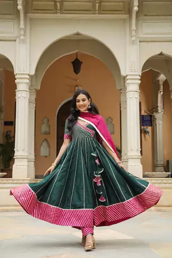 Stromboli dark green cotton silk anarkali suit set of 3