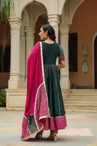 Stromboli dark green cotton silk anarkali suit set of 3