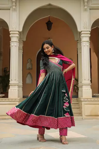 Stromboli dark green cotton silk anarkali suit set of 3