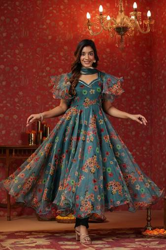 Teal green organza anarkali with ruffle sleeve suit set of 3