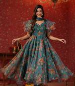 Teal green organza anarkali with ruffle sleeve suit set of 3