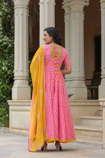 Tickle pink cotton anarkali suit set of 3