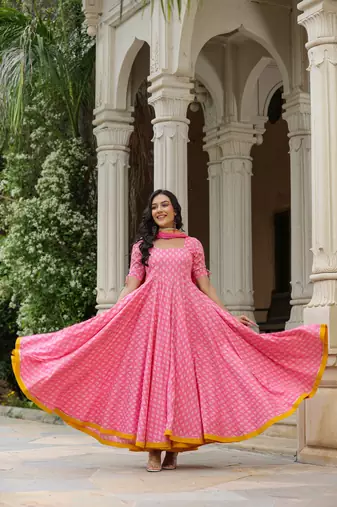 Tickle pink cotton anarkali suit set of 3