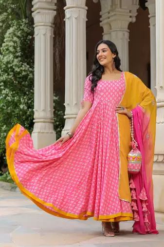 Tickle pink cotton anarkali suit set of 3