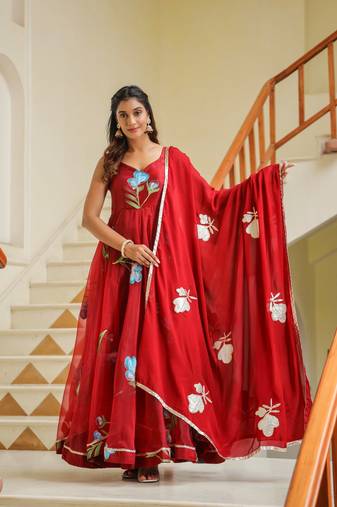 Valencia maroon hand print organza anarkali suit set of 3