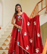 Valencia maroon hand print organza anarkali suit set of 3