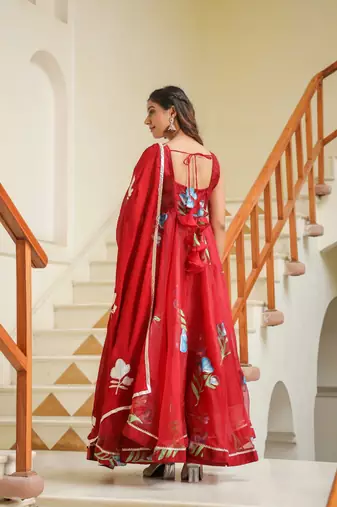 Valencia maroon hand print organza anarkali suit set of 3