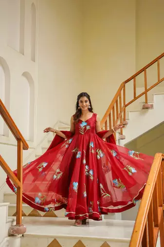 Valencia maroon hand print organza anarkali suit set of 3